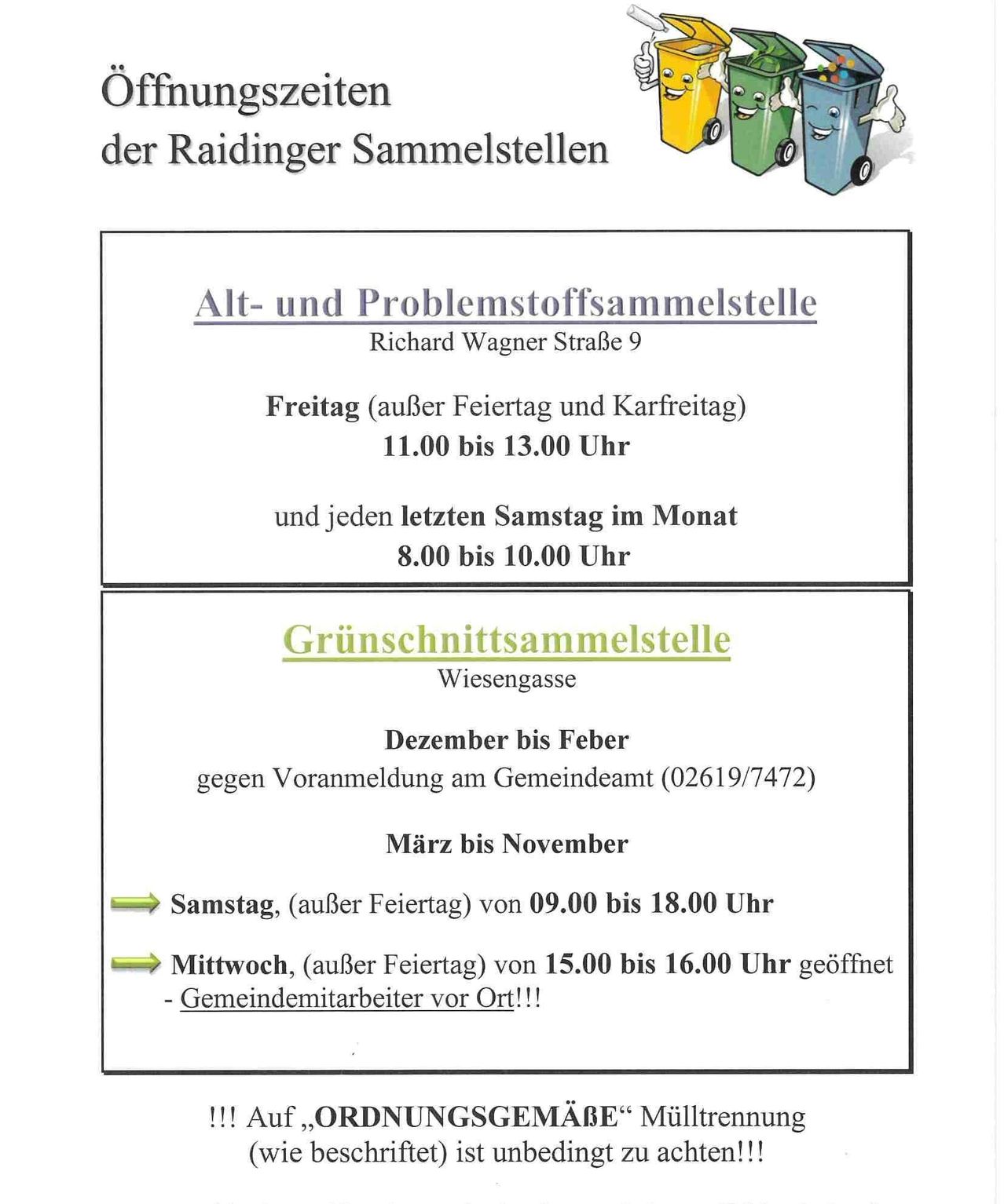 Das Plakat kündigt die 'Alt- und Problemstoffsammlung' der Raidinger Sammelstellen an. Sie findet freitags von 11:00 bis 13:00 Uhr statt, außer an Feiertagen und Wochenenden, und jeden letzten Samstag im Monat von 8:00 bis 10:00 Uhr.