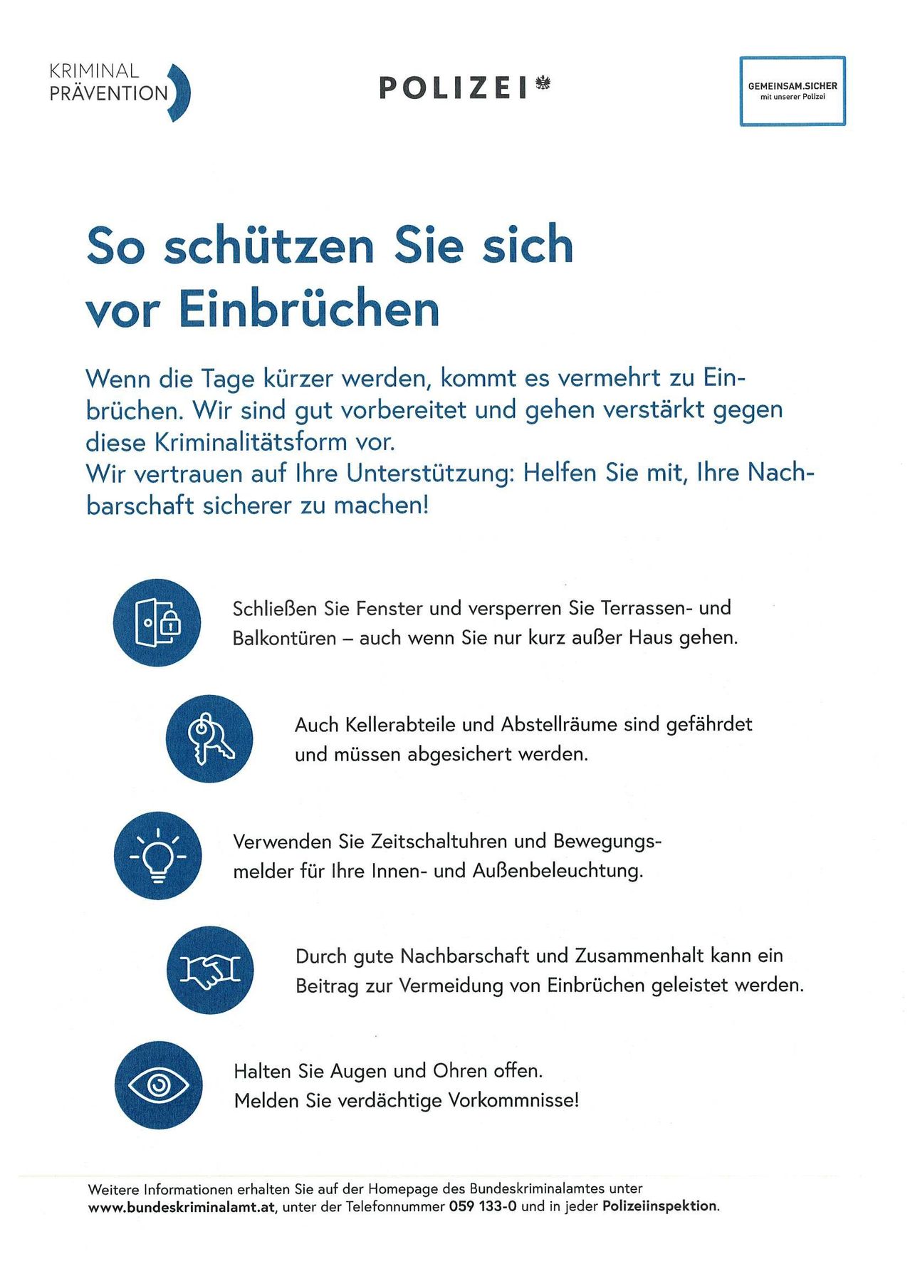 Das Bild gibt Ratschläge zum Schutz vor Einbrüchen, betont das Sichern von Türen und Fenstern, die Verwendung von Zeitschaltuhren, die Pflege von Nachbarschaftsbeziehungen und Wachsamkeit.
