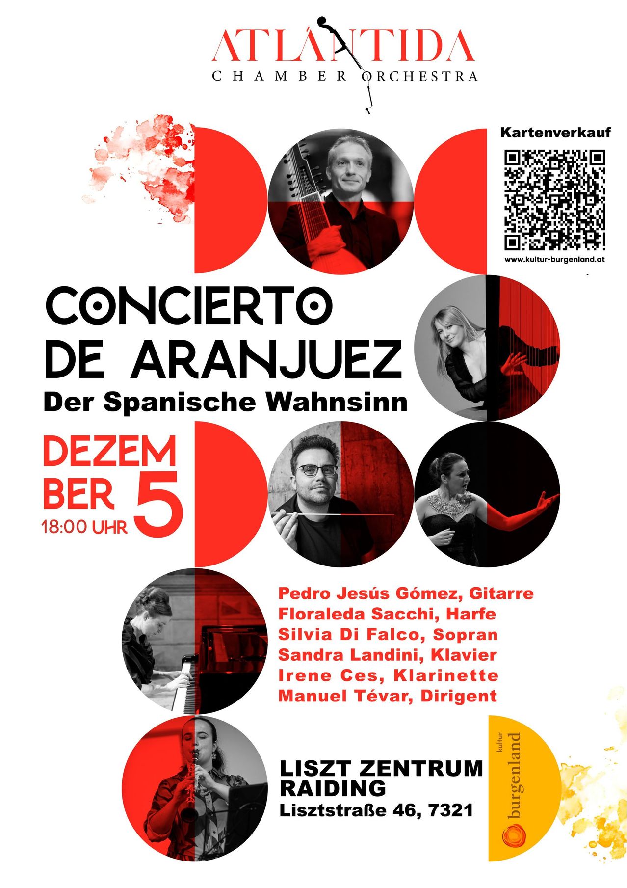 Plakat für Aranjuez Konzert, mit Bildern von Musikern, einem QR-Code und Details zur Veranstaltung, einschließlich Darsteller und Datum.