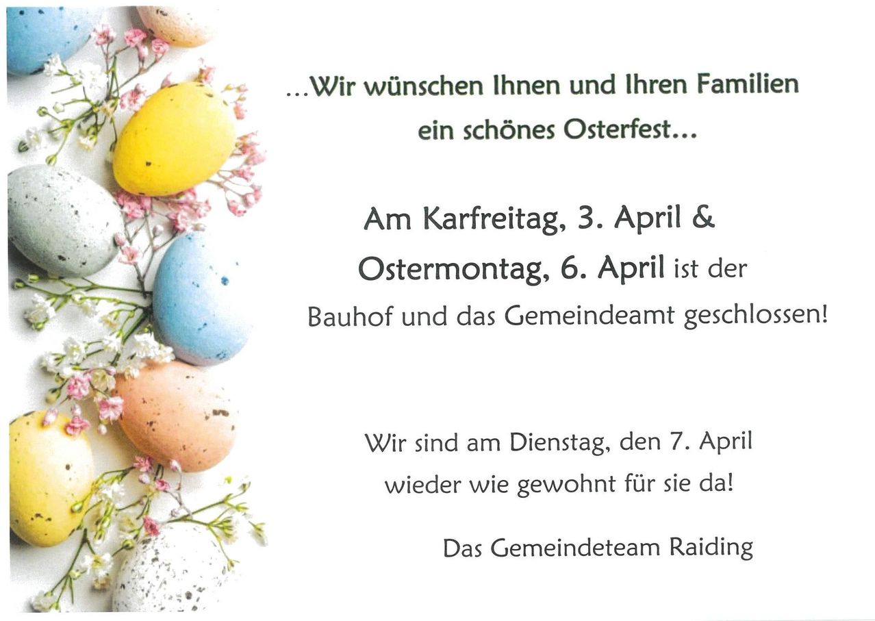 An Good Friday, April 3 and Easter Monday, April 6, the building is closed. We wish you and your family a beautiful Easter.