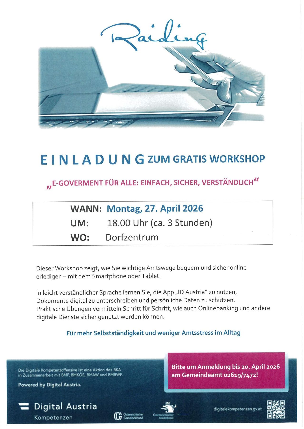 An invitation to a free workshop on e-government for all: simple, secure, understandable. Date: Monday, April 27, 2026, Time: 18:00 (approx. 3 hours), Location: Dorfzentrum. Learn essential office procedures and secure online handling with smartphone or tablet.