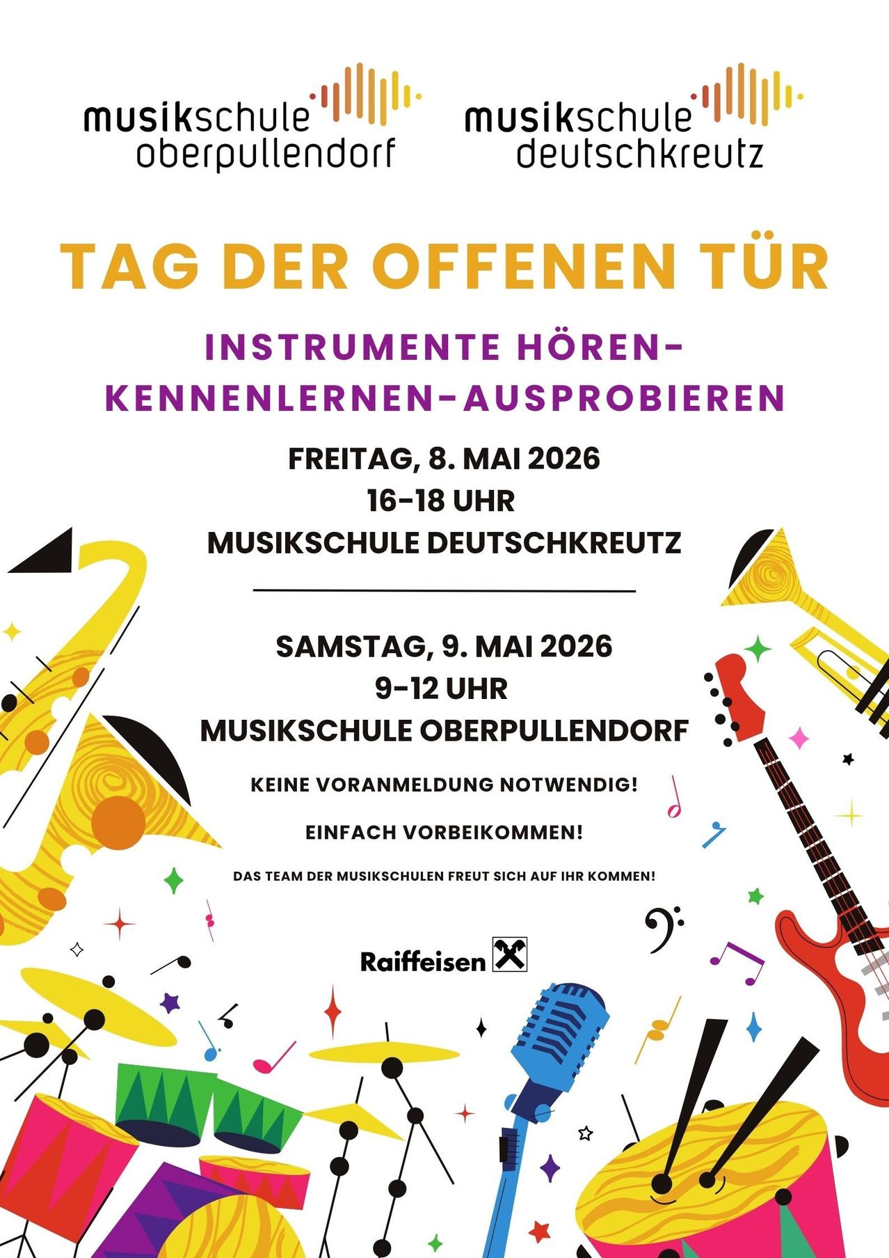 Open Door Day at Musikschule Deutschkreuz. Listen, learn, and try instruments. Friday, May 8, 2026, 16-18 PM. Saturday, May 9, 2026, 9-12 PM. No registration required. Come as you are.