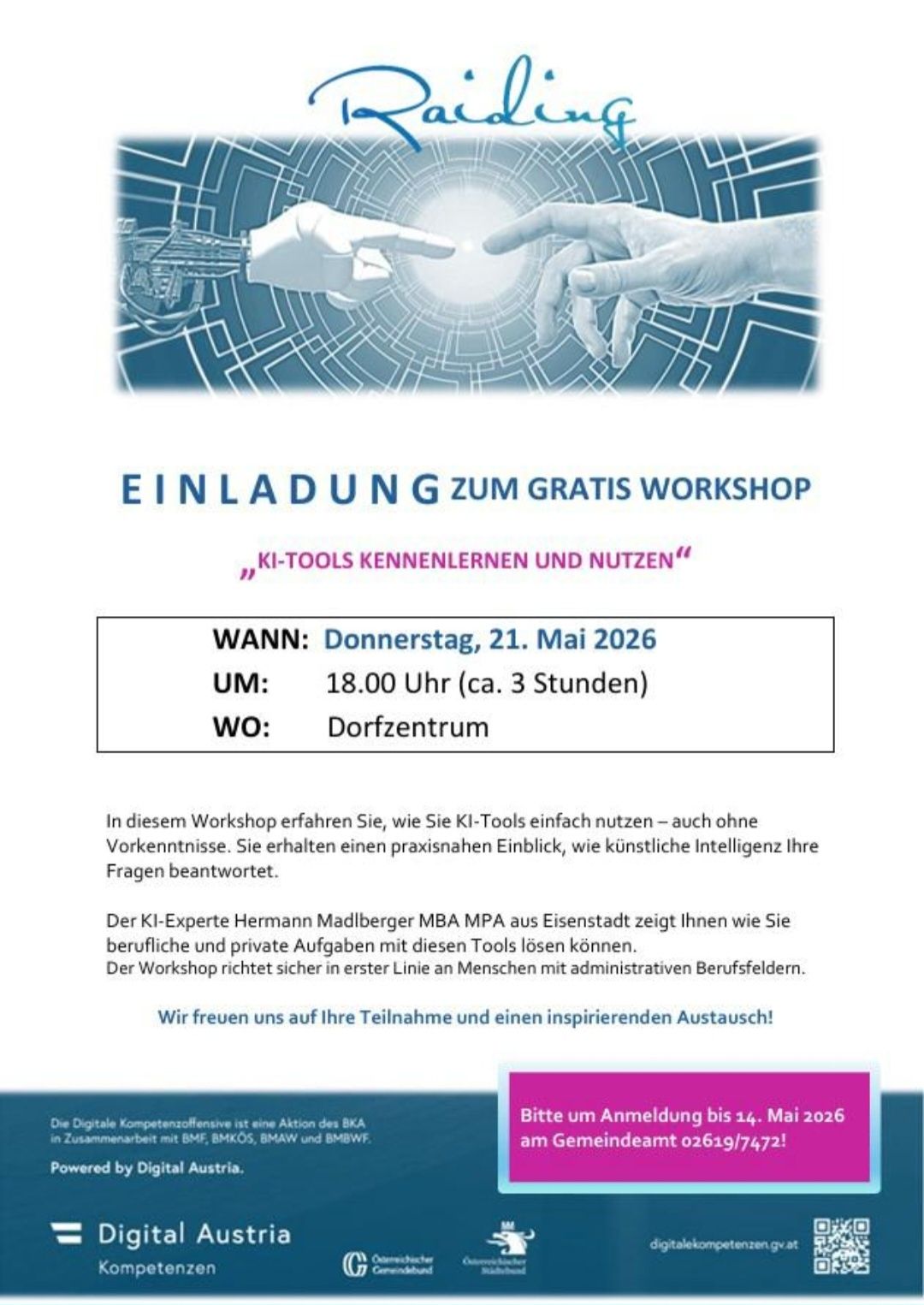 Invitation to a free workshop on KI-Tools. Learn how to use them easily, even without prior knowledge. Gain practical insights into how AI can handle your questions. Join us for an inspiring exchange.