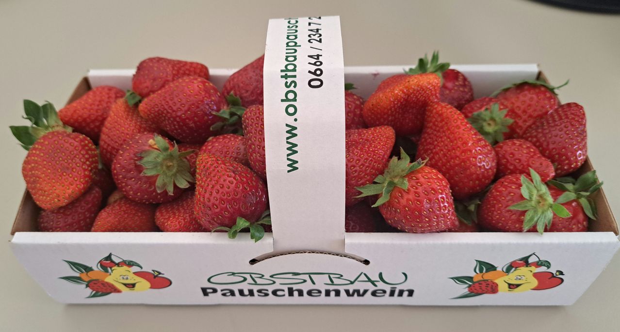 A white box of strawberries with a label displaying a website and phone number. The box is labeled with 'OBSTBAU Pauschenwein'.