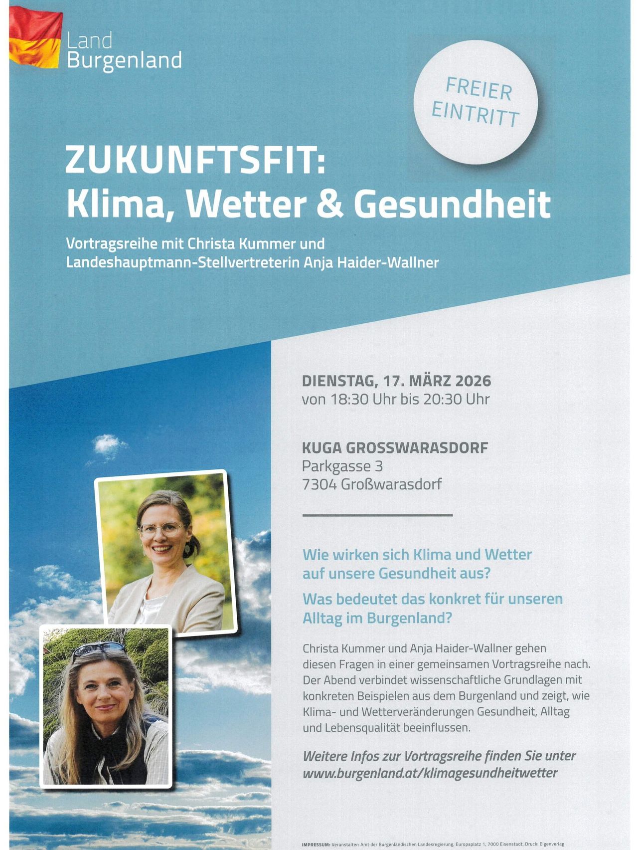 Poster for a lecture series titled 'Zukunftsfit: Klima, Wetter & Gesundheit' with speakers Christa Kummer and Anja Haider-Wallner. Dated for March 17, 2026, from 18:30 to 20:30 at Kuga Grosswarasdorf, Parkgasse 3, 7304 Grosswarasdorf.