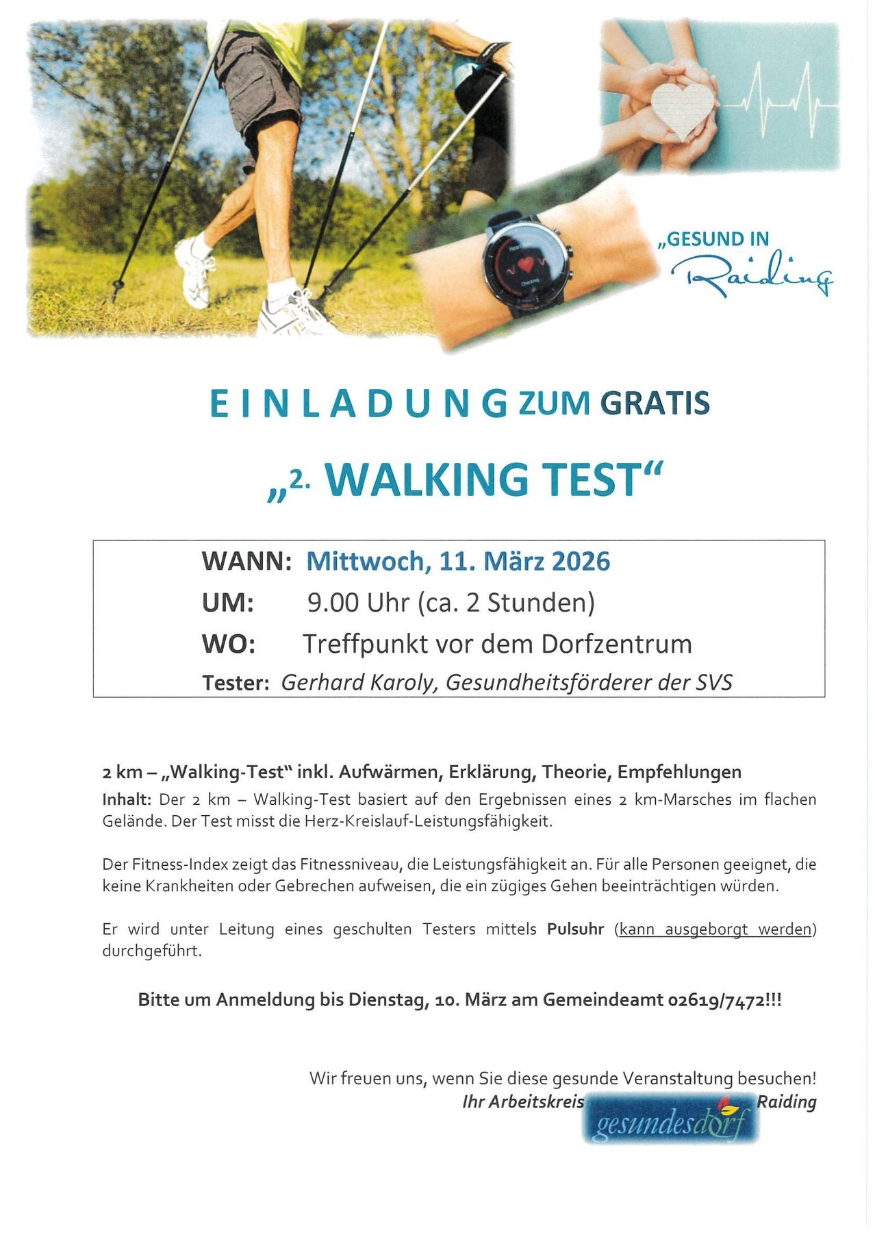 An invitation to a free '2nd Walking Test' on Wednesday, March 11, 2026 at 9:00 AM for about 2 hours. The meeting point is in front of the village center. Organizer: Gerhard Karoly, health promoter of the SVS. The walking test includes warming up, explanations, theory, and recommendations.