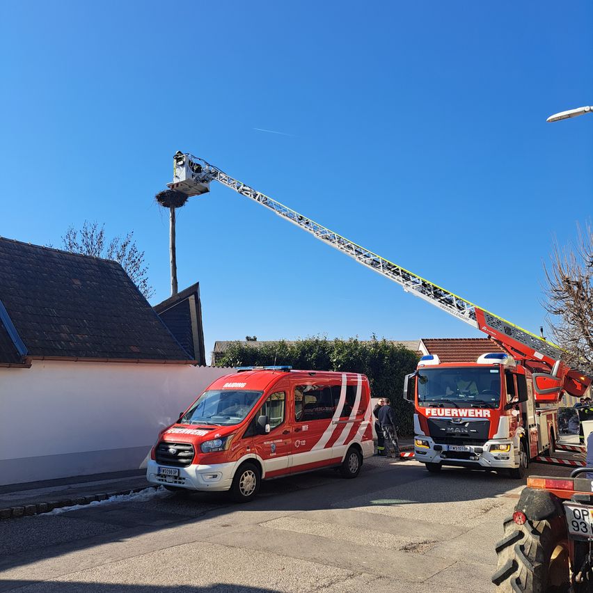 A fire truck with an extended ladder is parked on the road in front of a house, with a red van nearby.
