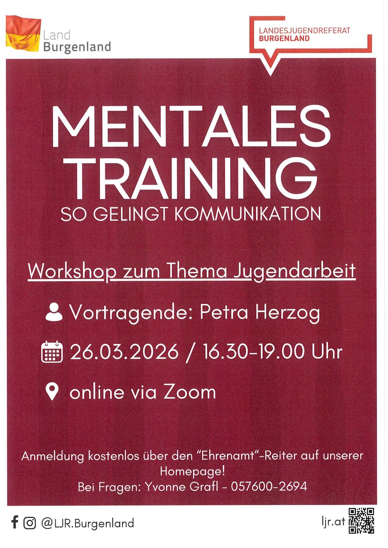 Ein Poster bewirbt ein mentales Trainingsworkshop mit dem Titel 'Mentales Training'. Es konzentriert sich auf Kommunikationserfolg und Jugendarbeit. Die Veranstaltung wird von Petra Herzog geleitet, geplant für den 26. März 2026 von 16:30 bis 19:00 Uhr und findet online via Zoom statt.