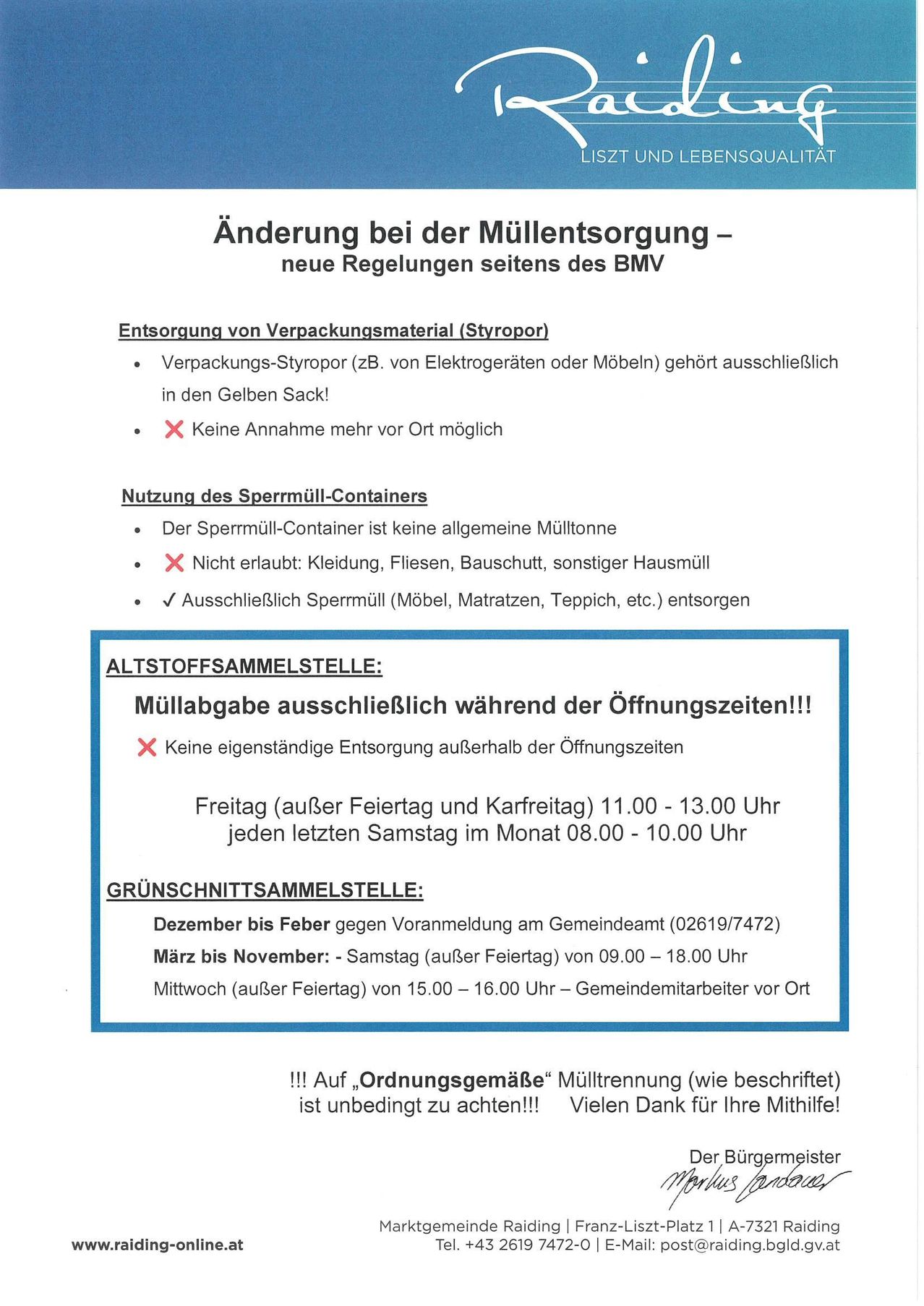 The image contains new regulations for waste disposal by BMV. Packaging Styropor must be placed in yellow bags. No collection before the appointed time. Sperm waste containers are not for general waste. Only sperm waste from furniture and mattresses can be disposed of. Waste collection points are only open during specified times. Waste collection by appointment is only in December-February. March-November, Saturday 09:00-18:00, Wednesday 15:00-16:00. Waste collection as instructed is mandatory. Thank you for your cooperation.