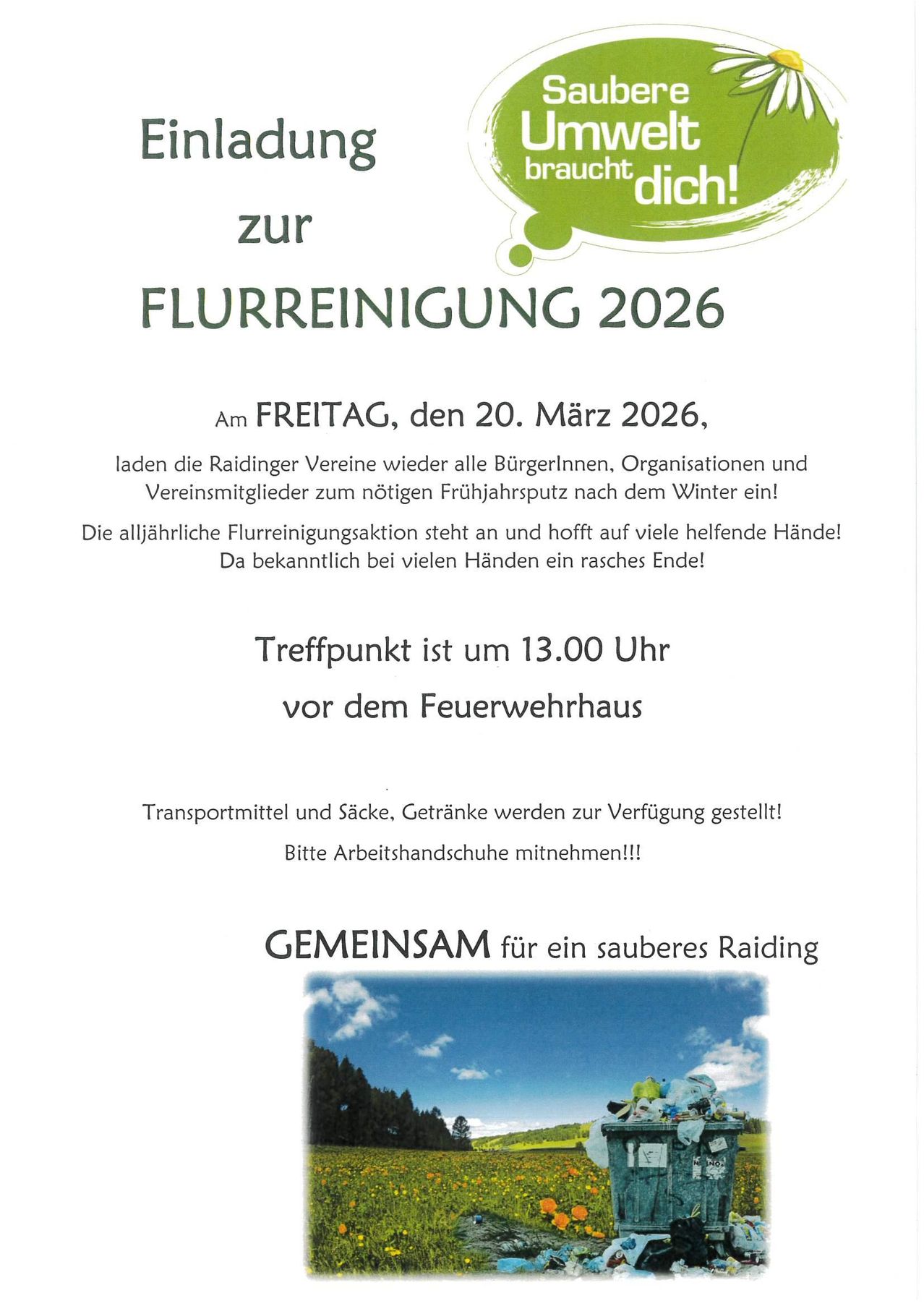 A flyer for Flurreinigung 2026 event on Friday, March 20, 2026. It invites citizens, organizations, and members to join the necessary spring cleanup. It mentions the meeting point and time, as well as the provision of transportation and supplies. It emphasizes the need for work gloves.
