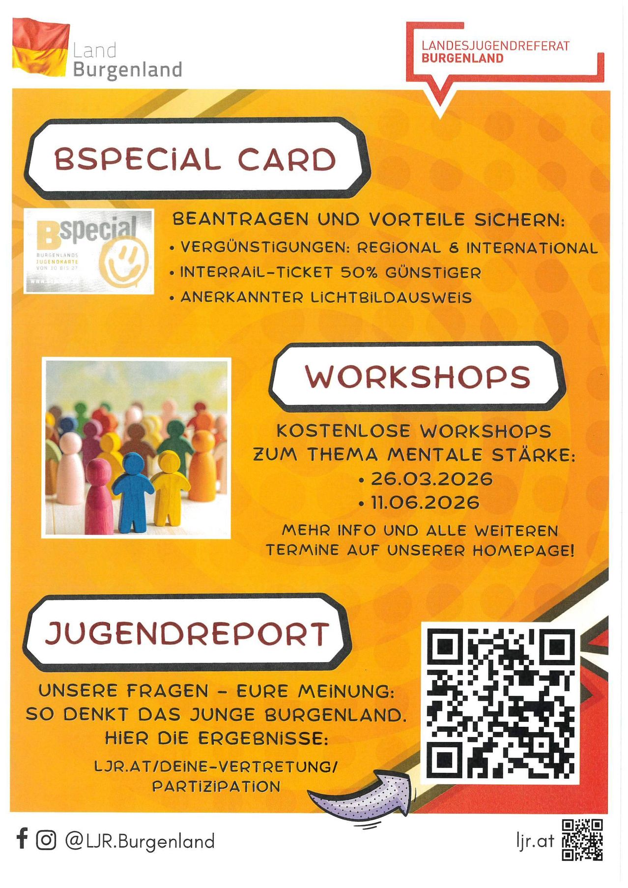 Das Poster bewirbt die BSpecial Card und hebt Vorteile wie regionale und internationale Rabatte, ein 50% günstigeres Interrail-Ticket und anerkannten Lichtbildausweis hervor. Es enthält einen QR-Code und bewirbt kostenlose Workshops zu mentaler Stärke an bestimmten Terminen, mit weiteren Informationen auf ihrer Website.