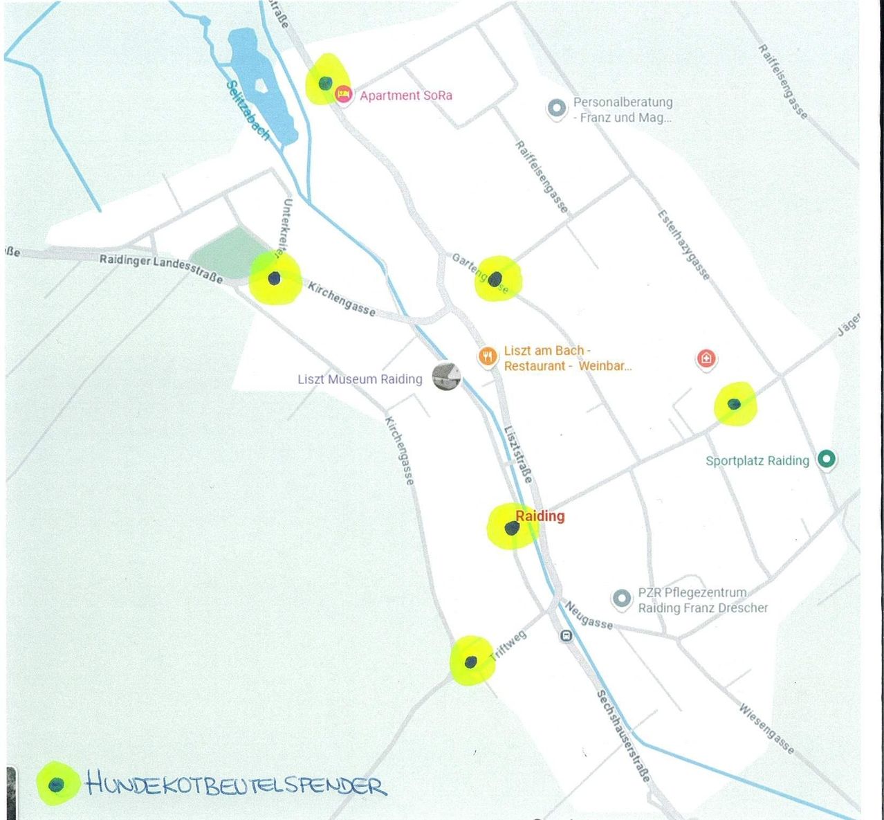 Karte von Raiding zeigt wichtige Orte wie Liszt Museum, Restaurant und Weinbar sowie Sportanlagen. Die Karte hebt auch Bereiche wie Apartment SoRa und Personalberatung Franz und Mag hervor.