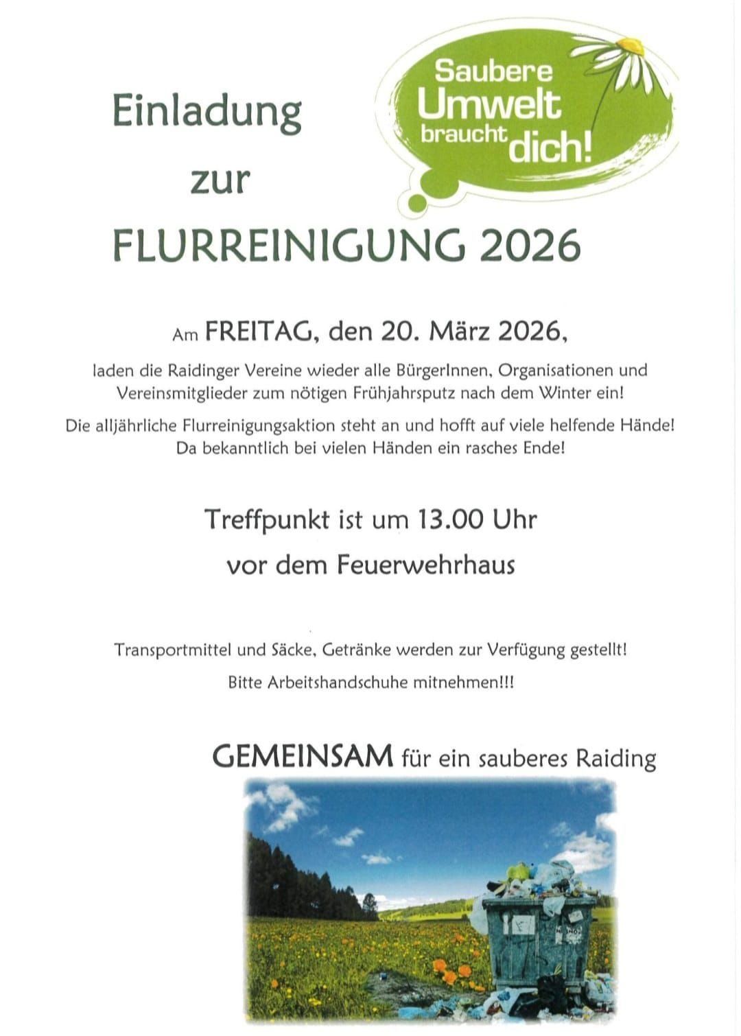 Ein Flyer lädt zur Flurreinigung 2026 am Freitag, 20. März 2026, ein. Die jährliche Flurreinigungsaktion steht an und hofft auf viele helfende Hände. Treffpunkt ist um 13.00 Uhr vor dem Feuerwehrhaus.