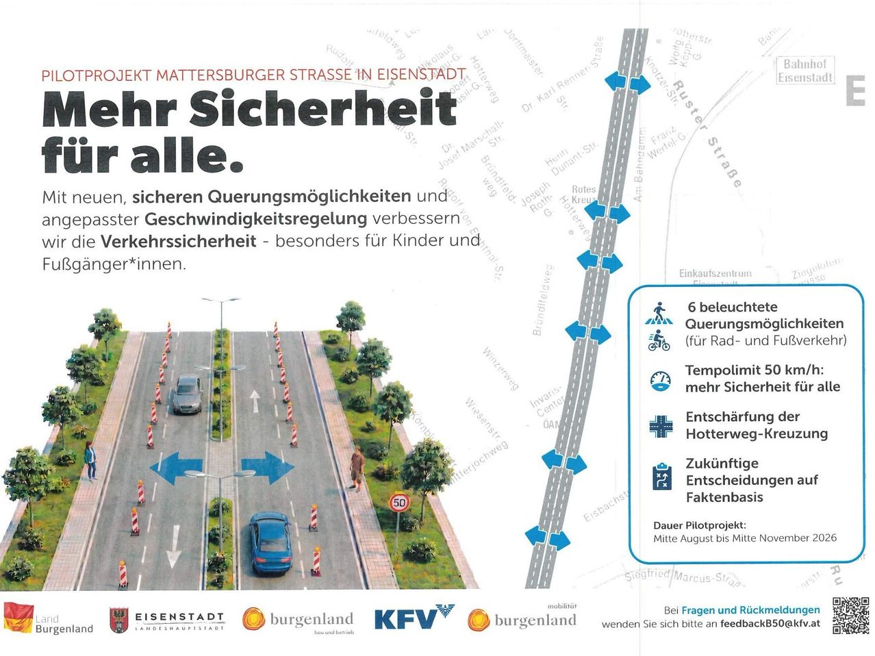 Ein Diagramm zeigt Verkehrssicherheitsverbesserungen, einschließlich Geschwindigkeitsbegrenzungen, Fußgängerübergänge und zukünftige Entwicklungen für ein Pilotprojekt in Eisenstadt.
