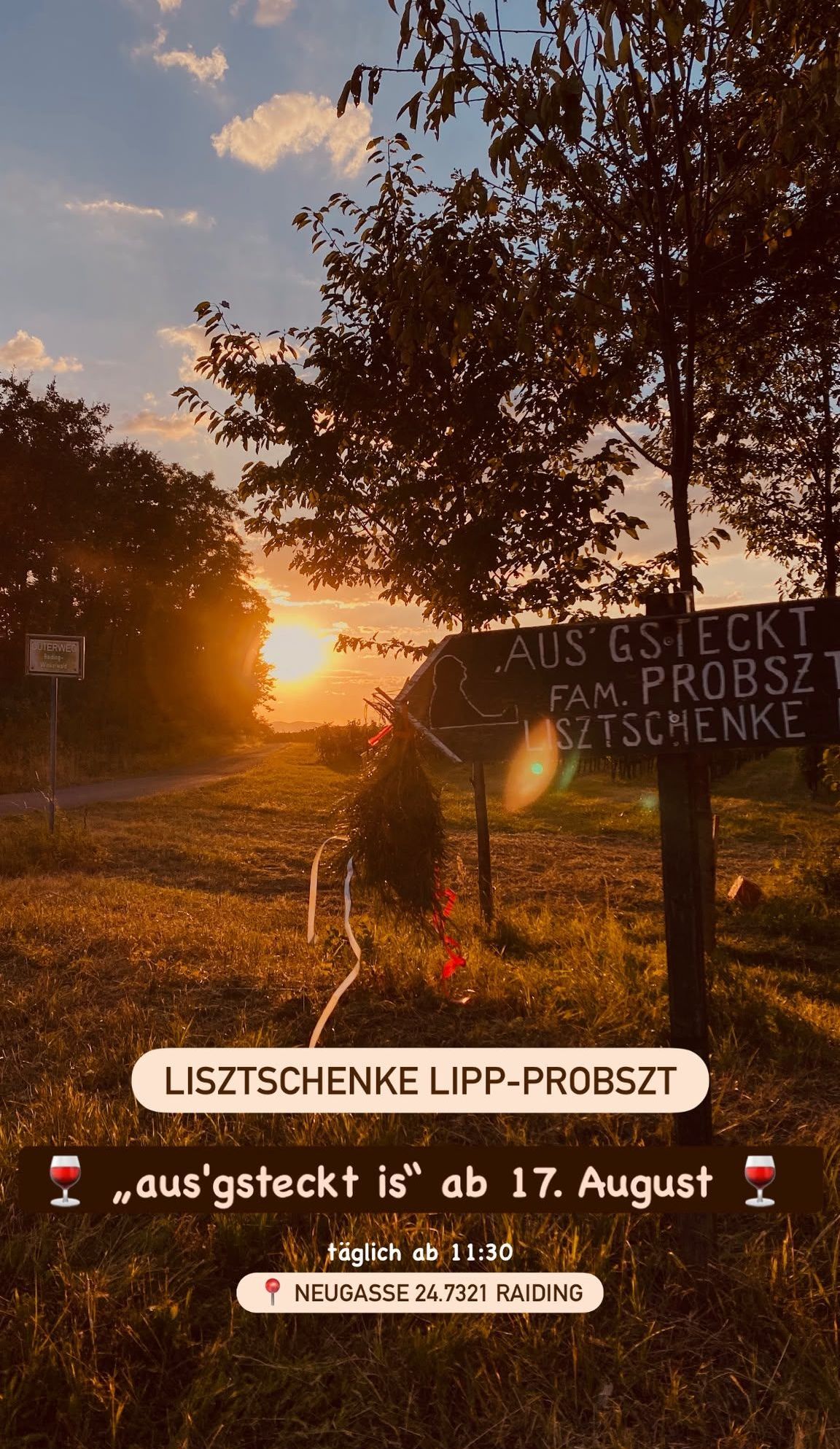 Ein Schild mit dem Text 'Aus Gs.Teckt Fam. Probszt Lisztschenke' steht in einem Grasfeld mit einem Sonnenuntergang im Hintergrund. Ein kleines Schild ist links angebracht.