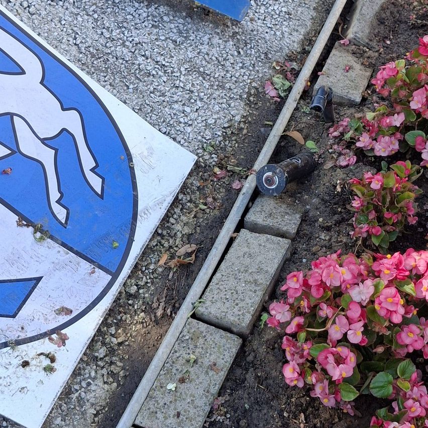Blau-weißes Wappen mit springendem Pferd neben Bewässerungssprengern und pinken Blumen