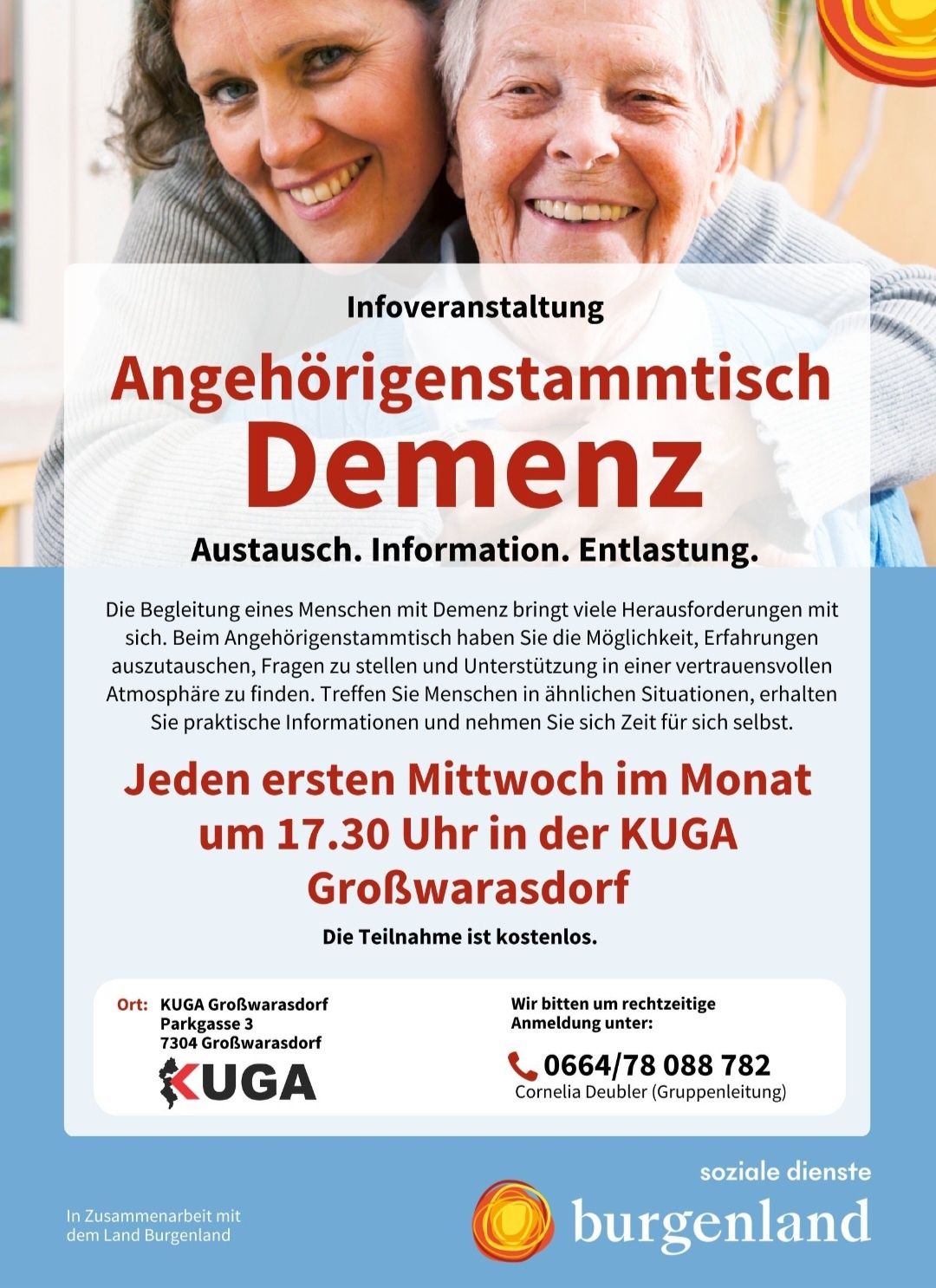 Poster for a monthly meeting for people caring for individuals with dementia. It features a smiling elderly couple, text in German, and contact information.