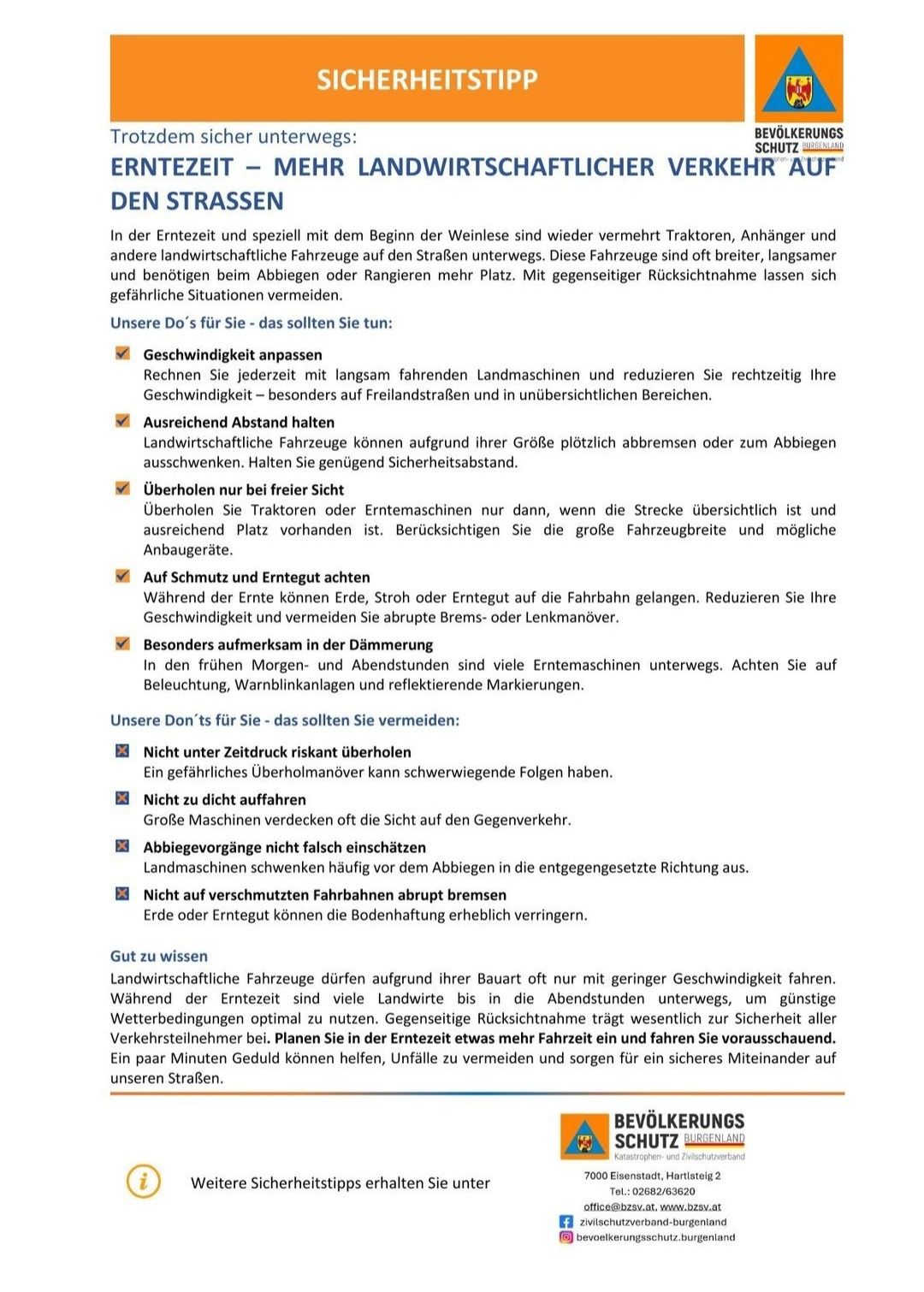 A document titled 'On the Streets' provides safety tips for drivers during the harvest season. It advises adjusting speed, maintaining distance, and being cautious of farm vehicles. It also warns against overtaking under pressure, not driving too closely, misjudging farm machinery, and driving on hidden roads.