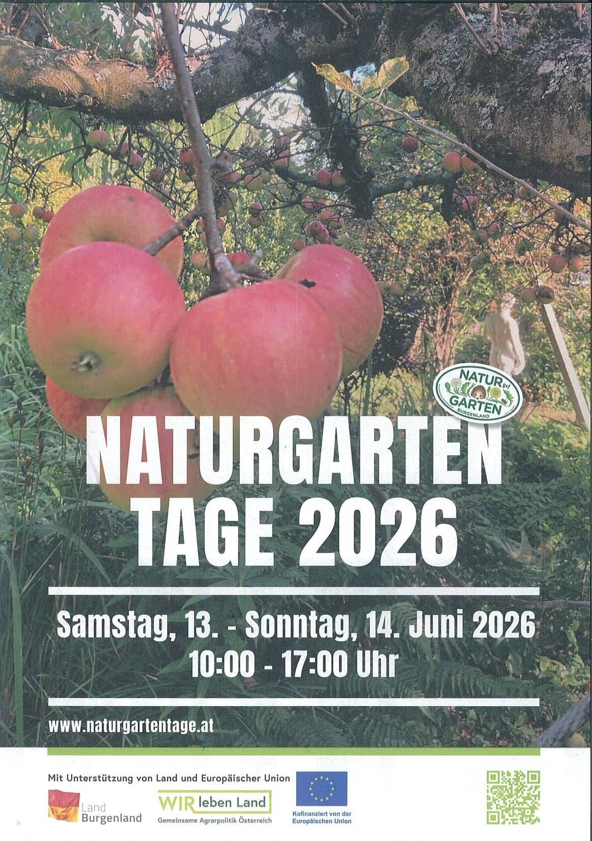 Plakat für Naturgarten Tage 2026. Rote Äpfel hängen an einem Baum, Veranstaltung vom Samstag, 13. bis Sonntag, 14. Juni 2026, 10:00 - 17:00 Uhr.