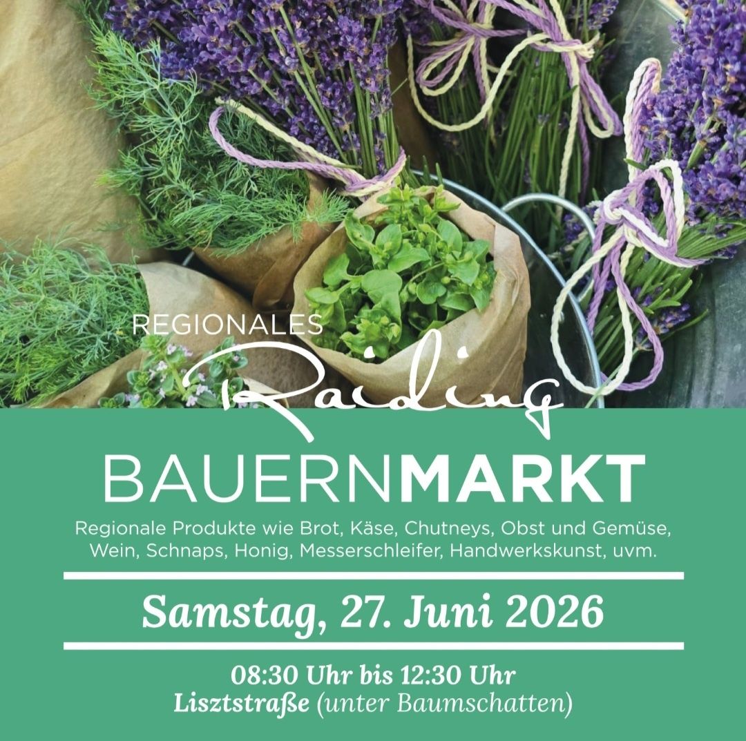 Ein Plakat für den 'Regionales Reading Bauernmarkt' am 27. Juni 2026. Es wird regionale Produkte wie Brot, Käse, Chutneys, Obst und Gemüse, Wein, Schnaps, Honig, Messerschleifer, Handwerkskunst usw. präsentieren. Geöffnet von 08:30 Uhr bis 12:30 Uhr auf der Lisztstraße unter Baumschatten.