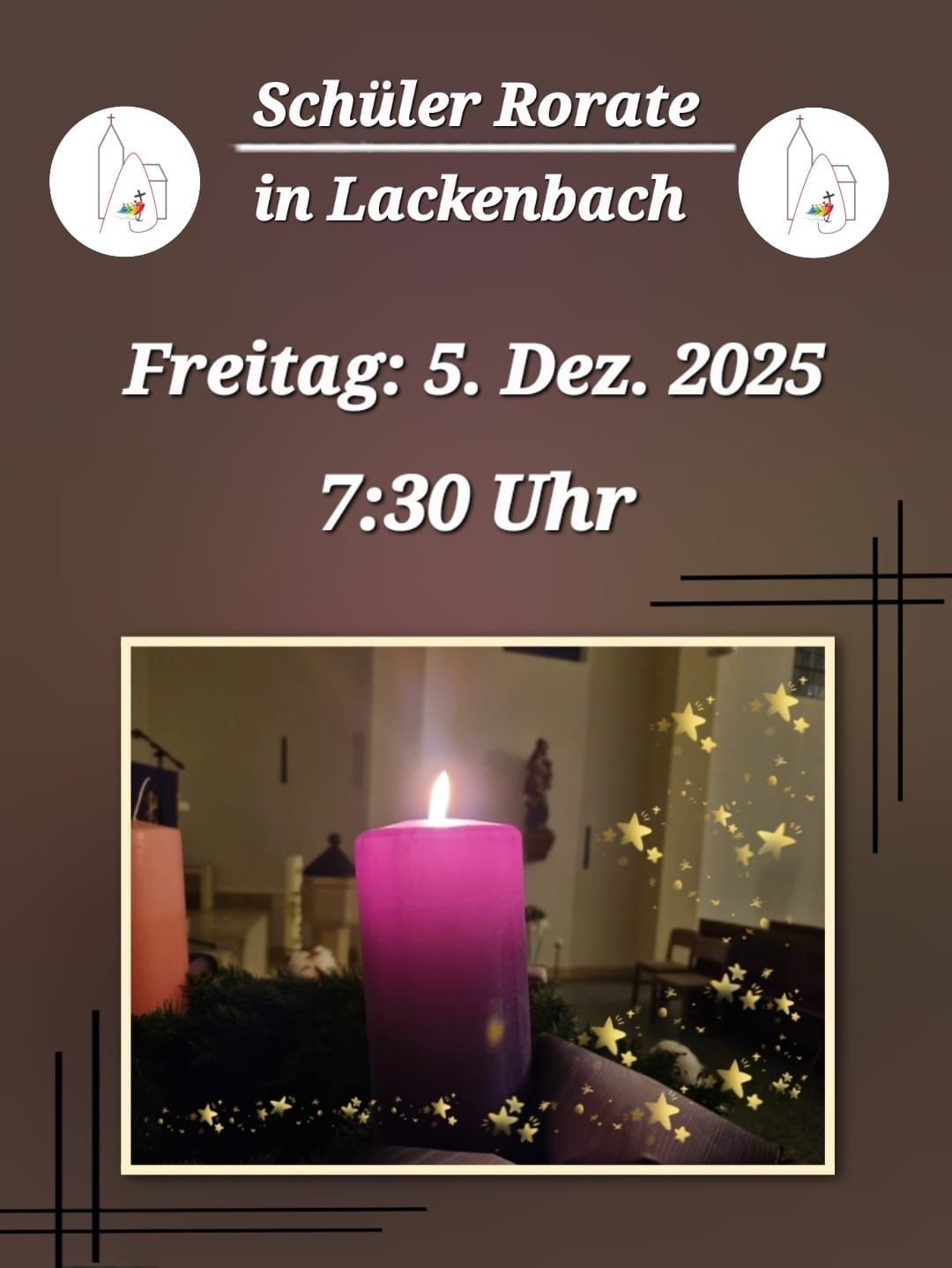 Plakat für eine Veranstaltung in Lackenbach am Freitag, 5. Dezember 2025 um 19:30 Uhr. Es zeigt eine brennende Kerze und eine Kirchenumgebung mit Sternen.