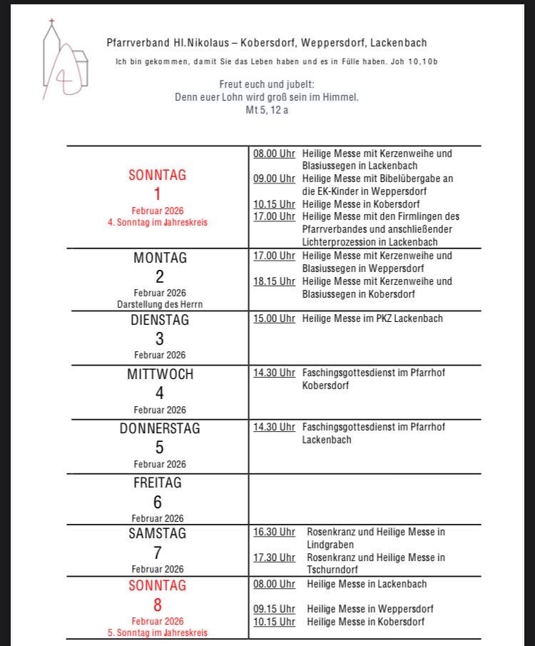 Das Bild zeigt einen wöchentlichen Zeitplan von Gottesdiensten im Februar 2026, mit Angaben zu Datum, Uhrzeit und Ort jedes Gottesdienstes. Sonntags gibt es mehrere Gottesdienste, während montags und freitags jeweils ein Gottesdienst stattfindet. Samstags finden zwei Gottesdienste statt.