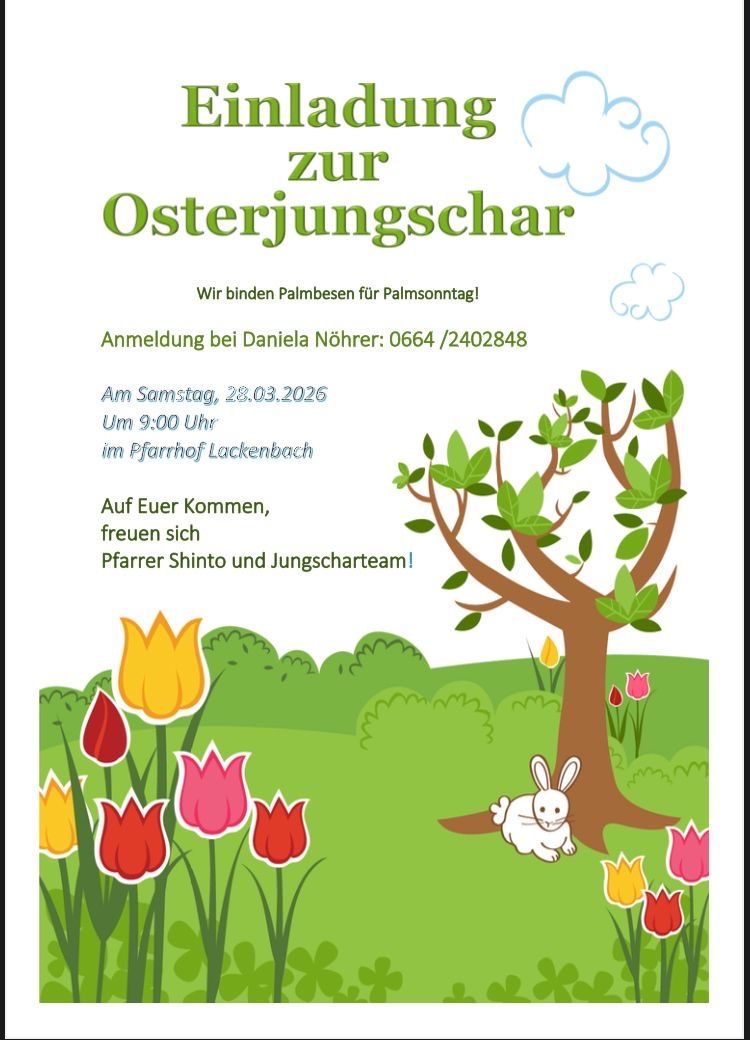 Plakat für Ostereiersuche. Es heißt, sich für Palmsonntag zu melden. Anmeldung bei Daniela. Datum und Uhrzeit sind angegeben. Ein Baum und ein Hase sind abgebildet.