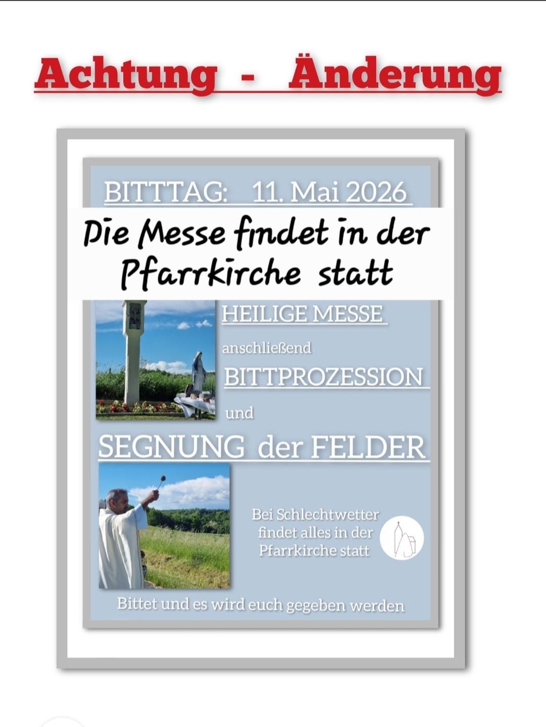 Plakat für ein kirchliches Ereignis am 11. Mai 2026. Es zeigt einen Priester im Feld, mit der Kirche im Hintergrund. Es beinhaltet eine heilige Messe, Bittprozession und Segnung der Felder.