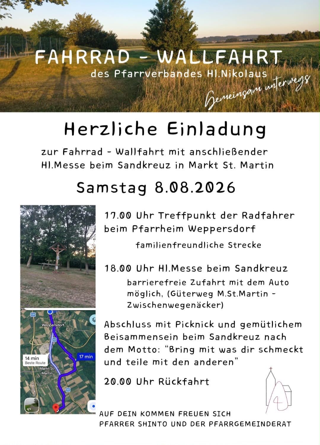 Ein Plakat bewirbt eine Fahrradtour mit einer religiösen Zeremonie, geplant für Samstag, den 8. August 2026. Die Veranstaltung beginnt um 17 Uhr im Pfarrhaus Weppersdorf und endet mit einem Picknick am Sandkreuz.