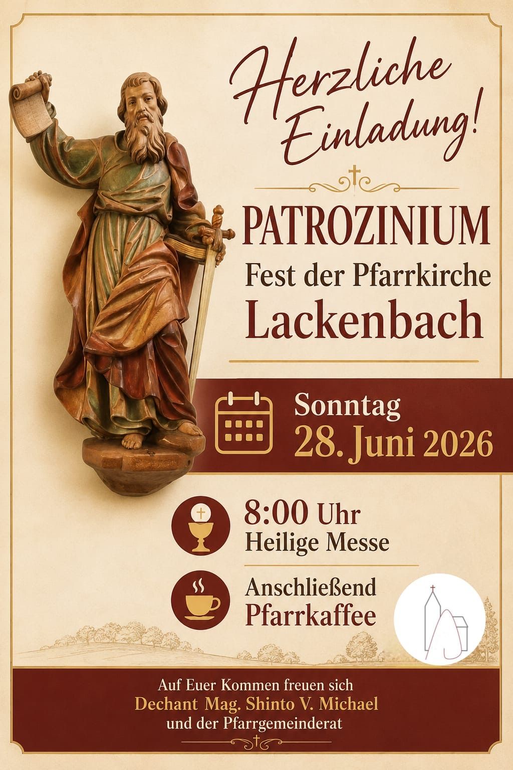 Plakat zur Bekanntgabe des Patroziniums-Festes der Pfarrkirche Lackenbach am 28. Juni 2026, mit einer Statue eines Heiligen, einem Kalender und Informationen über die Heilige Messe und den Pfarrkaffee.