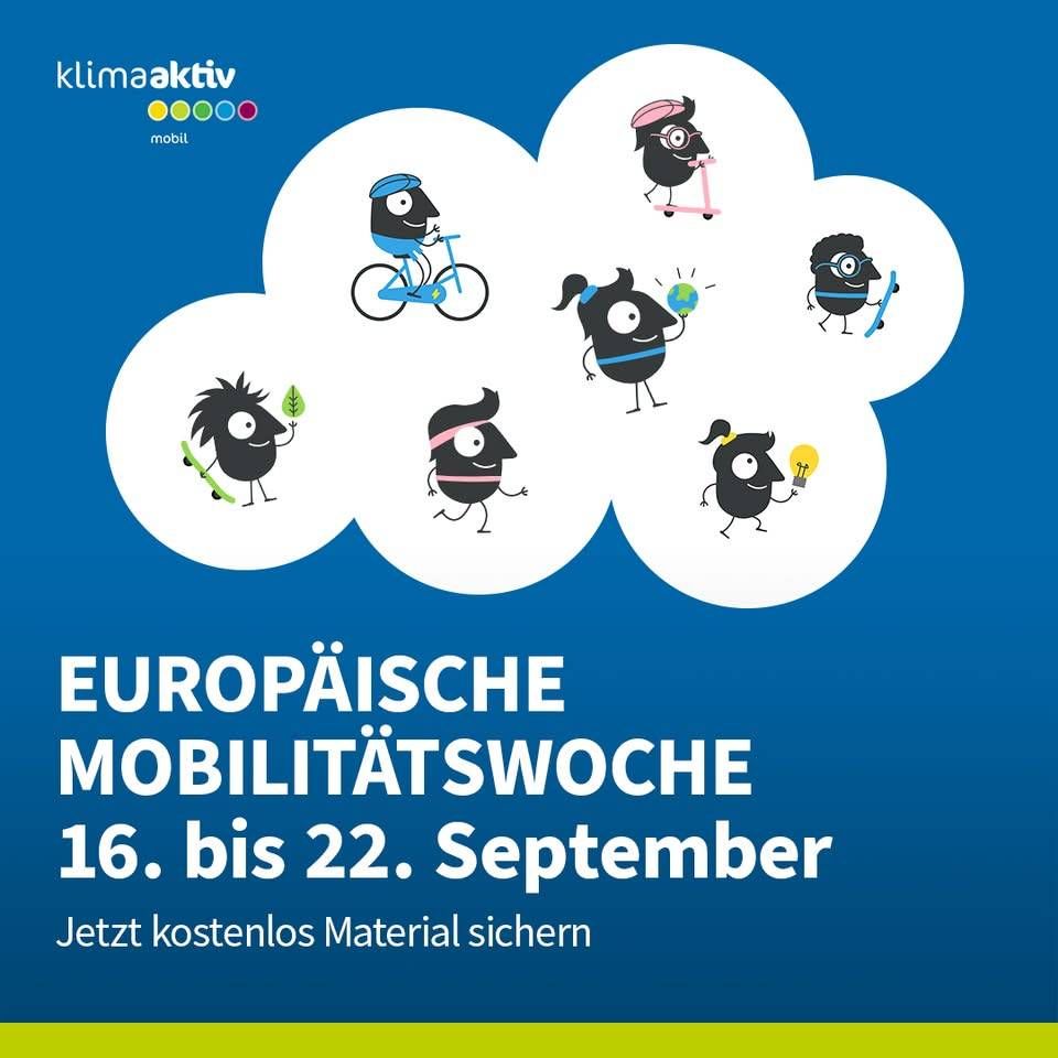 Plakat für die Europäische Mobilitätswoche vom 16. bis 22. September. Charaktere fördern Radfahren, Gehen und andere nachhaltige Verkehrsmittel. Sichern Sie sich jetzt kostenloses Material.