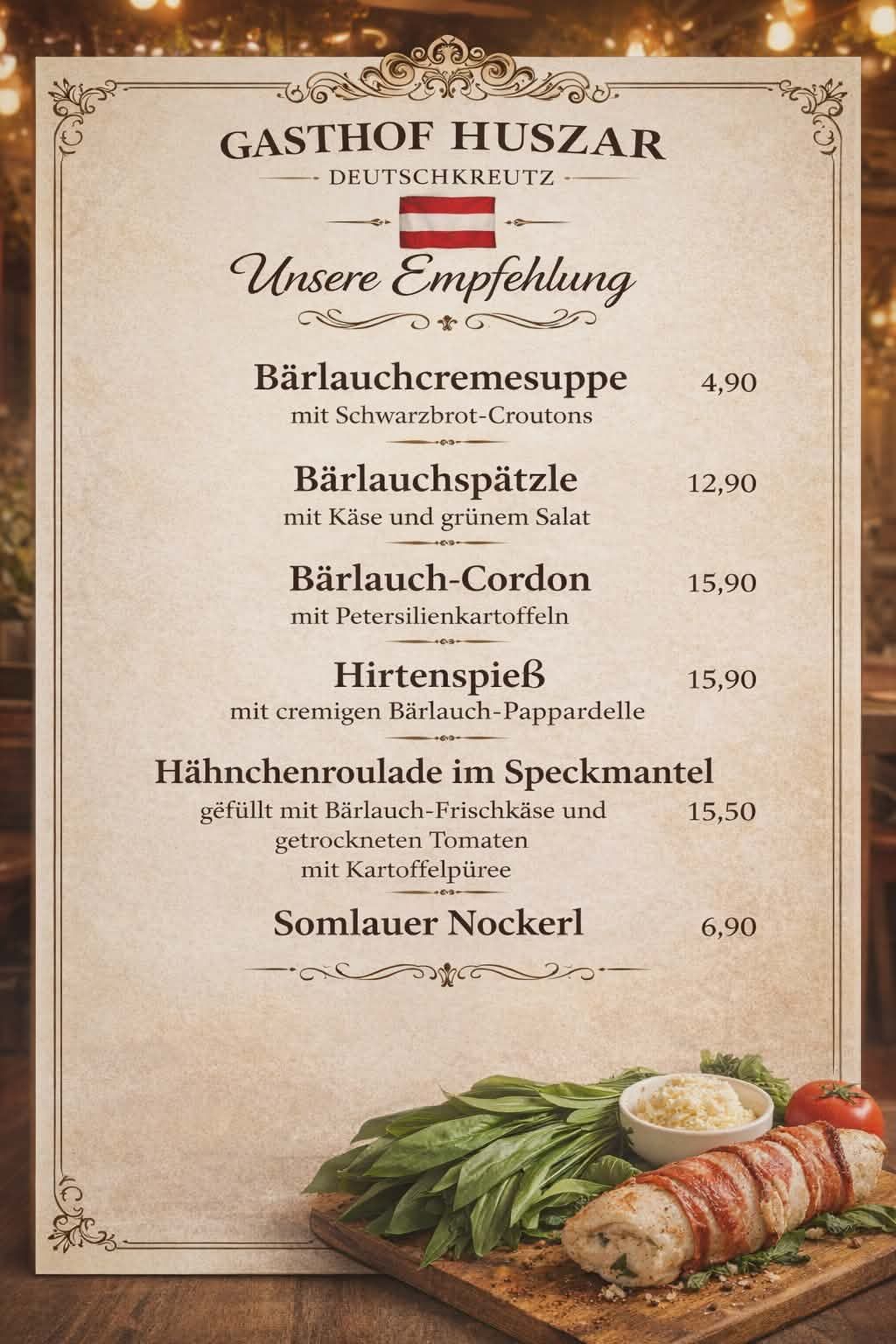 Menü mit Preisen. Beinhaltet Suppe, Pasta und Hauptgerichte. Jedes Gericht mit Preis aufgeführt. Top Gericht: Hähnchenroulade mit Käse und Tomaten.