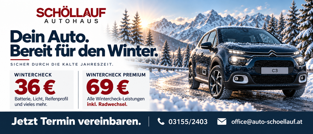 Ein Auto, das auf einer verschneiten Straße parkt, mit Bergen im Hintergrund. Der Text lautet 'Winter Check Premium 69€'. Der Markenname 'AUF' ist in Rot angezeigt.