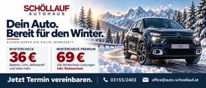 Ein Auto, das auf einer verschneiten Straße parkt, mit Bergen im Hintergrund. Der Text lautet 'Winter Check Premium 69€'. Der Markenname 'AUF' ist in Rot angezeigt.