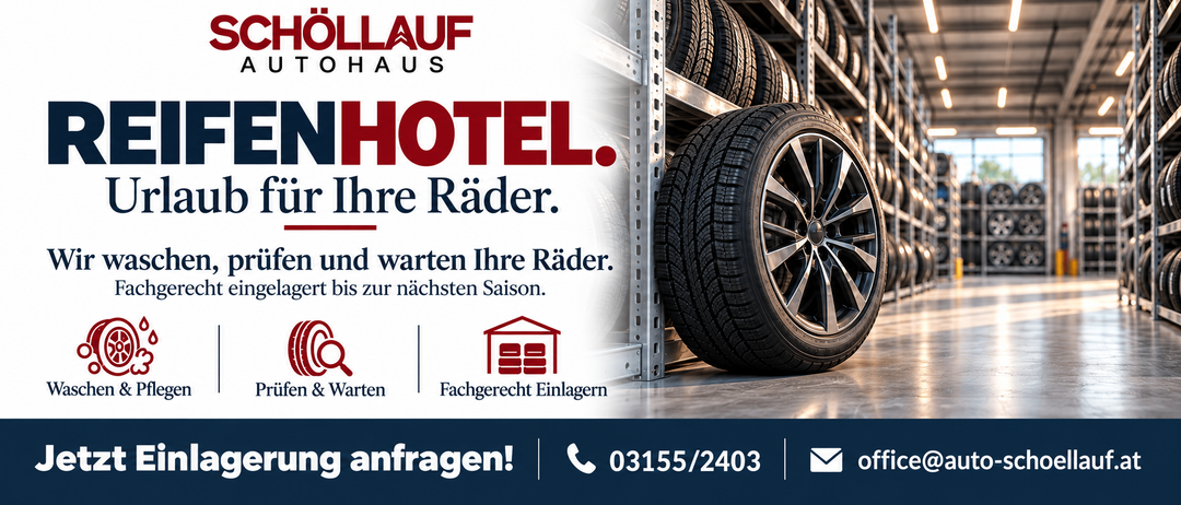 Werbung für einen Reifenlagerungsdienst mit Fokus auf professionelle Handhabung und Lagerung von Reifen. Das Bild zeigt einen Reifen auf einem Gestell mit einem professionellen Logo und Kontaktdaten.