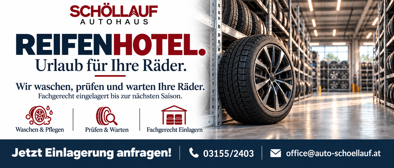 Werbung für einen Reifenlagerungsdienst mit Fokus auf professionelle Handhabung und Lagerung von Reifen. Das Bild zeigt einen Reifen auf einem Gestell mit einem professionellen Logo und Kontaktdaten.