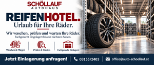 Werbung für einen Reifenlagerungsdienst mit Fokus auf professionelle Handhabung und Lagerung von Reifen. Das Bild zeigt einen Reifen auf einem Gestell mit einem professionellen Logo und Kontaktdaten.