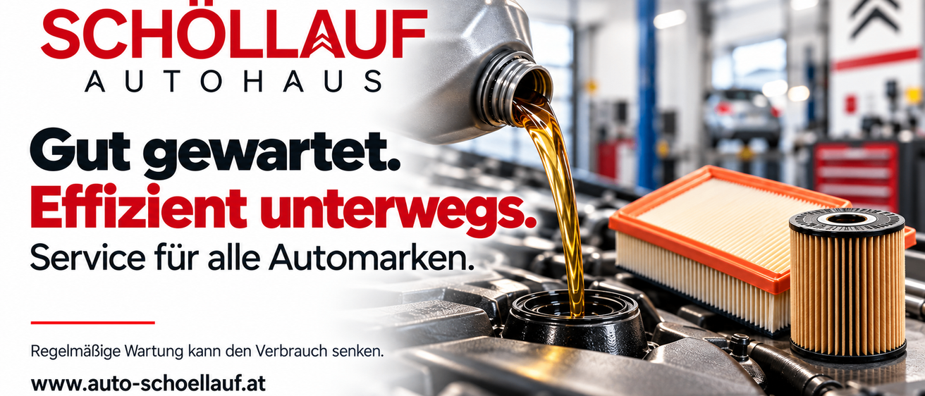 Eine Ölkanne wird in einen Automotor in einer Werkstatt gegossen. Der Text lautet 'Wartet. Unterwegs. Alle Automarken.' und eine Website-Adresse wird angezeigt.