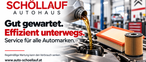 Eine Ölkanne wird in einen Automotor in einer Werkstatt gegossen. Der Text lautet 'Wartet. Unterwegs. Alle Automarken.' und eine Website-Adresse wird angezeigt.