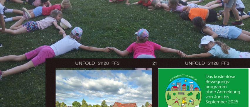 Eine Gruppe von Kindern spielt auf einem grünen Rasen. Das Bild hat zwei Bereiche, einer zeigt Kinder, die auf dem Gras liegen, und der andere zeigt einen Flyer für kostenlose Aktivitäten von Juni bis September 2025.