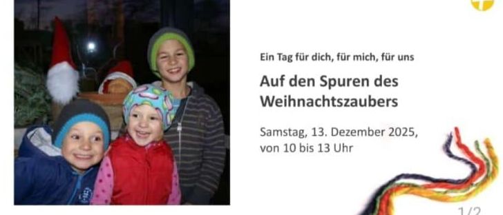 Poster mit drei Kindern in Winterkleidung, einer Illustration bunter Schnüre und Text über eine Veranstaltung am 13. Dezember 2025 von 10:00 bis 13:00 Uhr.