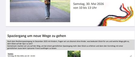 Ein Flyer für einen Resilienzspaziergang für Erwachsene. Eine Frau läuft allein auf einem sonnigen Pfad, umgeben von Bäumen. Der Titel lautet, 'Resilienzspaziergang für Erwachsene - neue Wege gehen.' Datum und Uhrzeit sind der 30. Mai 2026, von 10 bis 13 Uhr. Kontaktinformationen und Webseite sind angegeben.