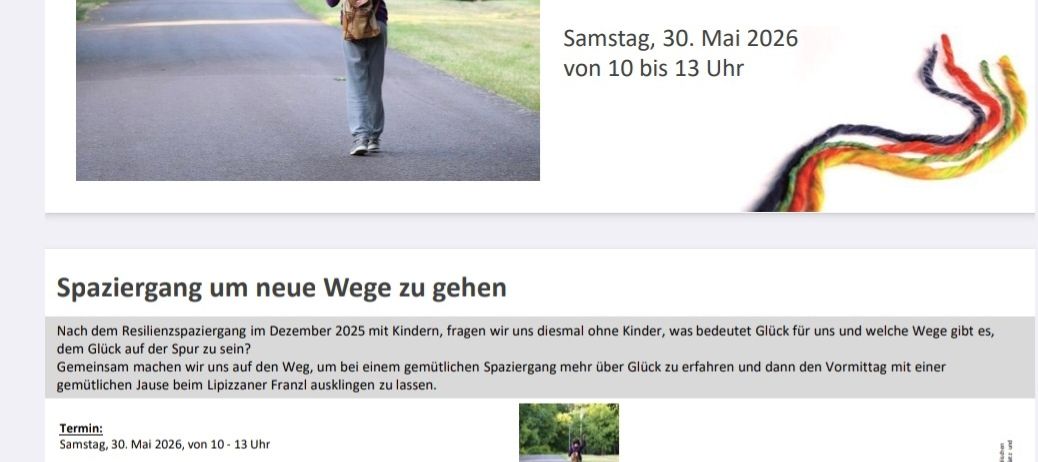 An event flyer for a resilience walk for adults. A woman walks alone on a sunny path, surrounded by trees. The title reads, 'Resilience Walk for Adults - New Paths.' The date and time are May 30, 2026, from 10 to 13. The contact information and website are provided.