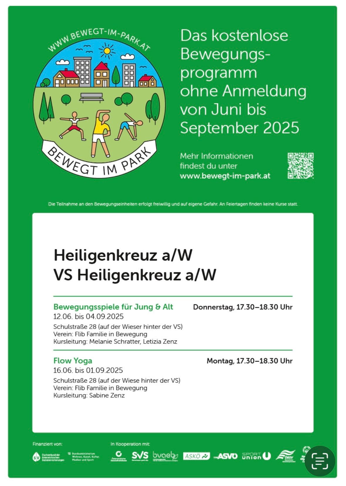 Ein Werbeplakat für das Programm 'Bewegt im Park', keine Anmeldung erforderlich von Juni bis September 2025. Es enthält Details zu Aktivitätszeiten und -orten. Weitere Informationen finden Sie unter www.bewegt-im-park.at. Die Teilnahme erfolgt freiwillig und auf eigene Gefahr.