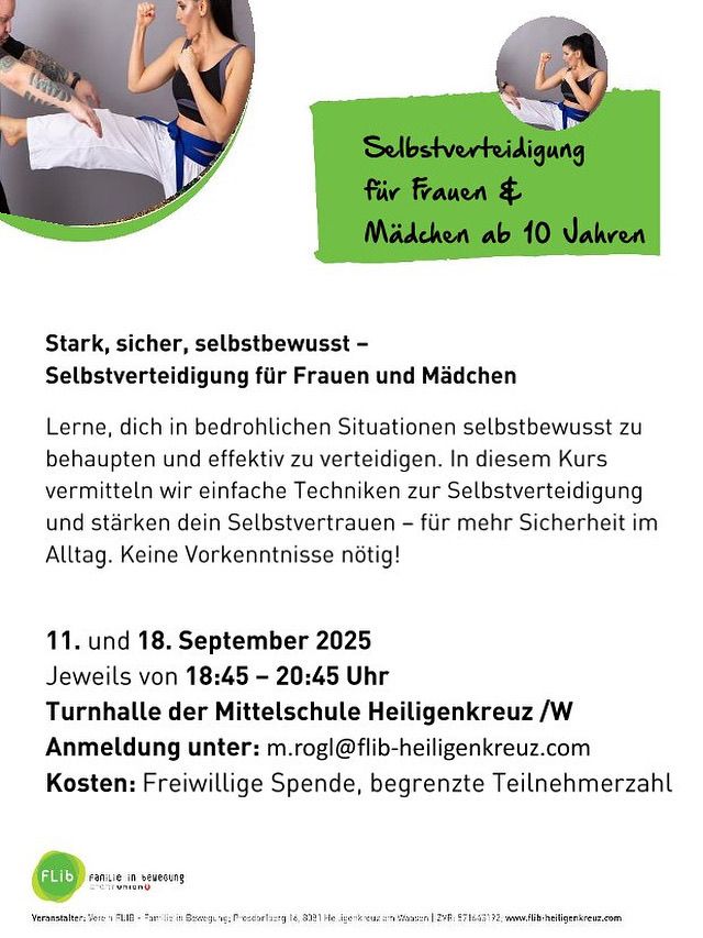 Selbstverteidigungskurs für Frauen und Mädchen ab 10 Jahren. Lernen Sie, sich in bedrohlichen Situationen selbstbewusst zu behaupten und effektiv zu verteidigen. Der Kurs vermittelt einfache Techniken zur Selbstverteidigung und stärkt Ihr Selbstvertrauen für mehr Sicherheit im Alltag. Keine Vorkenntnisse erforderlich.