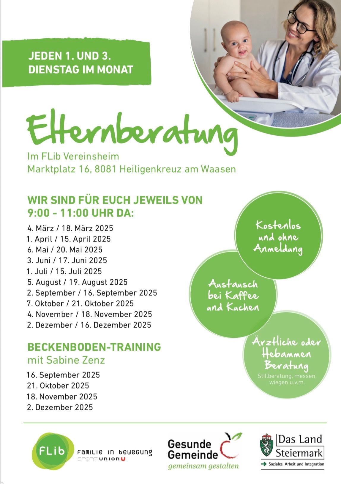 Plakat für Stillberatung von Sabine Zenz, mit Terminen und Orten für kostenlose Beratung ohne Anmeldung aufgeführt.