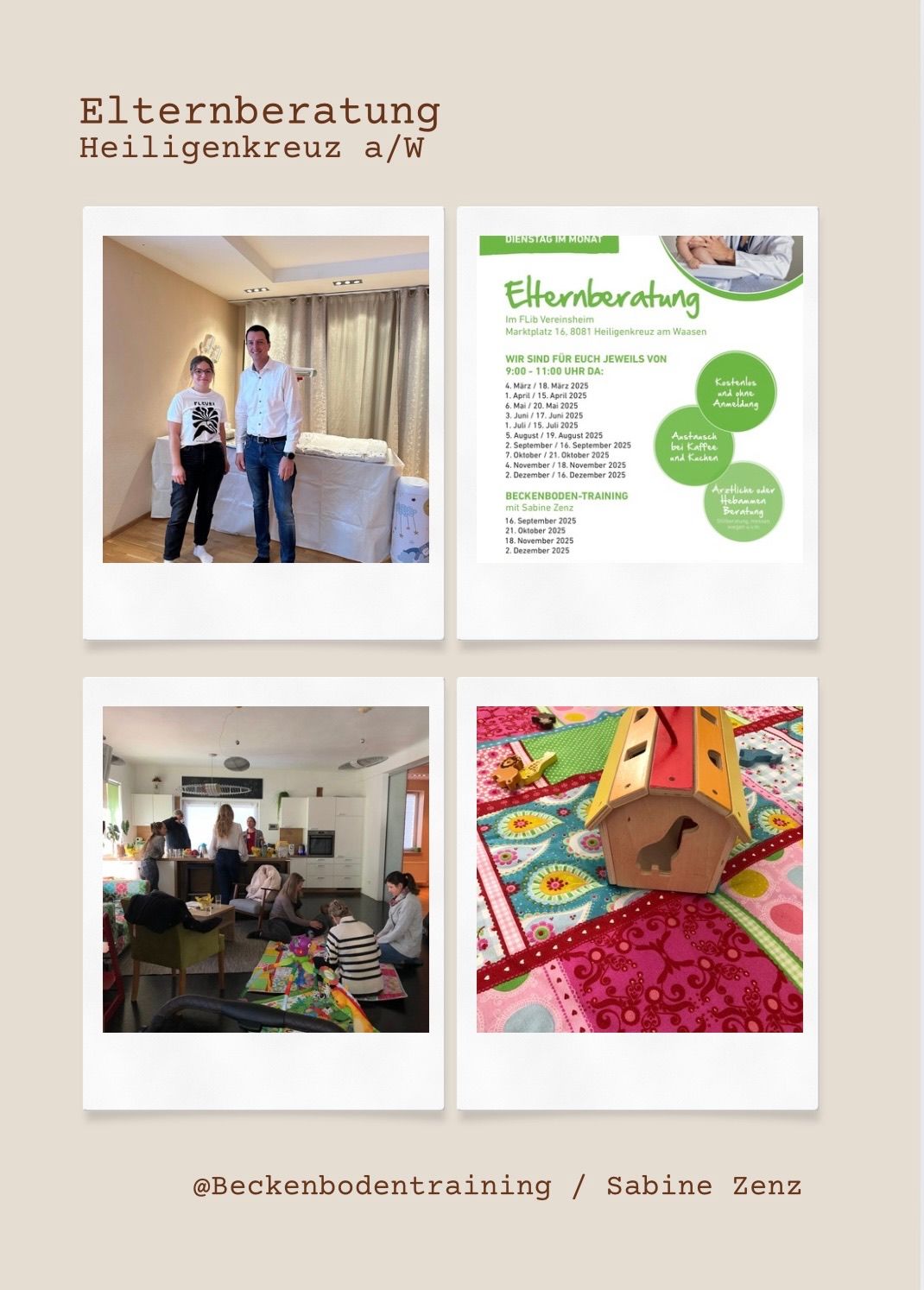 Ein Bild mit zwei Collagen, eine zeigt zwei Menschen, die in einem Raum stehen, einer mit einem weißen T-Shirt und der andere in einem weißen Hemd. Eine weitere Collage zeigt eine Gruppe von Menschen, die in einer Küche sitzen, und ein hölzerne Spielzeug auf einem bunten Tuch.