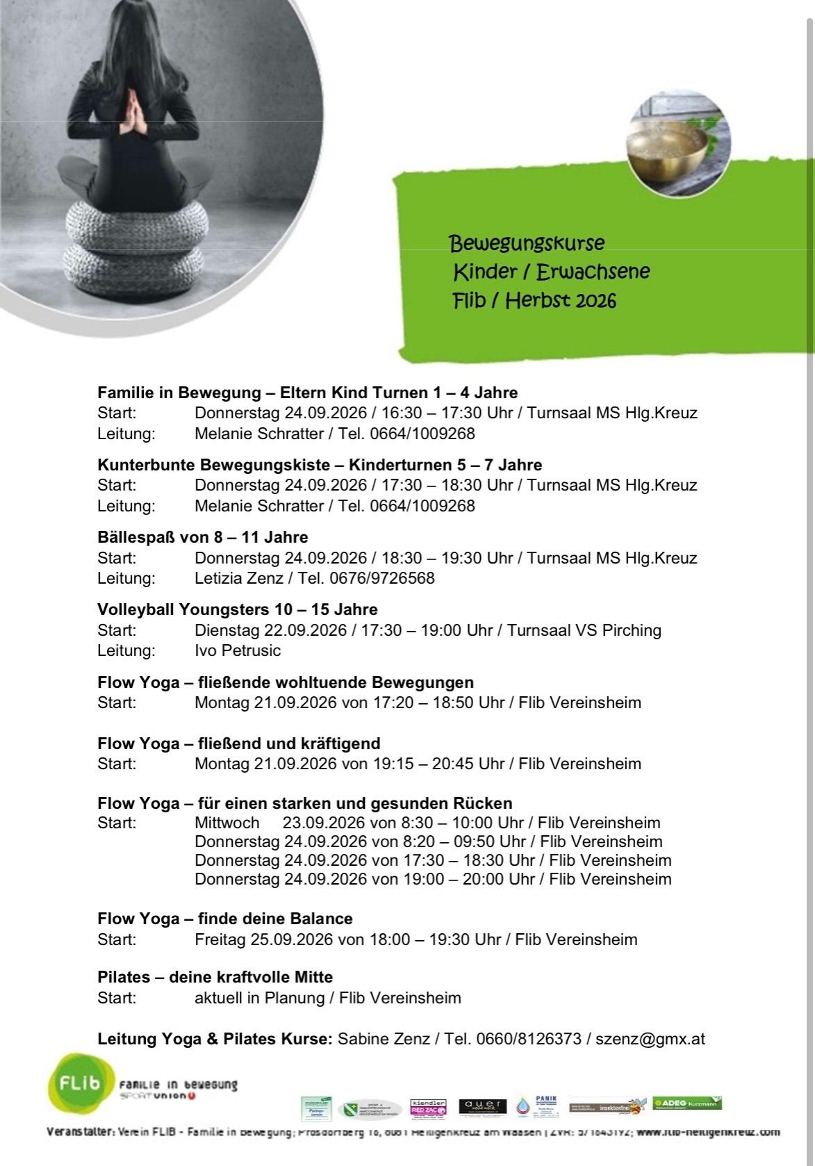 A flyer for movement courses for children and adults, including details about various classes such as family movement, children's gymnastics, and yoga. The flyer lists dates, times, and locations for each class.