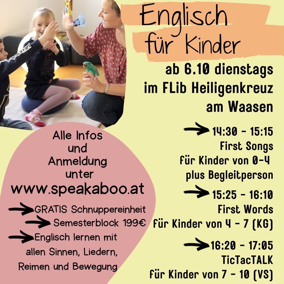 A flyer for English classes for children, featuring a woman teaching children with a parrot and a toy. The flyer includes details about the class schedule and registration information.