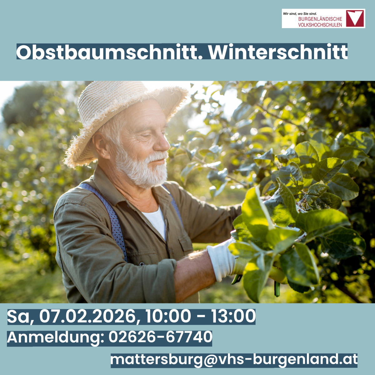 Ein älterer Mann beschneidet einen Baum in einem Obstgarten. Das Datum und die Uhrzeit der Veranstaltung sind der 7. Februar 2026 von 10:00 bis 13:00. Eine Registrierungsnummer und eine E-Mail-Adresse sind angegeben.